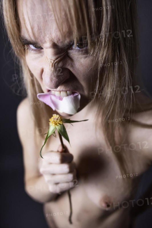Young naked woman eating the petals of a rose and looking aggressively into the camera