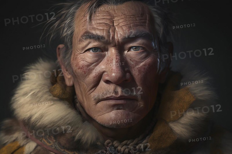 Portrait of man from Nenets tribe in Siberia. Ai generated art