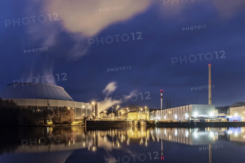 Neckarwestheim nuclear power plant in the evening with cloud of water vapour