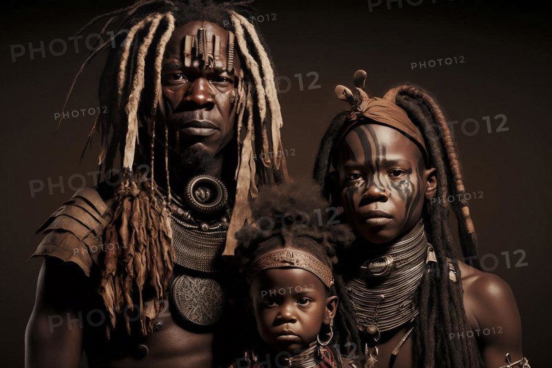 Family portrait of Himba herders tribe in Namibia. Ai generated art