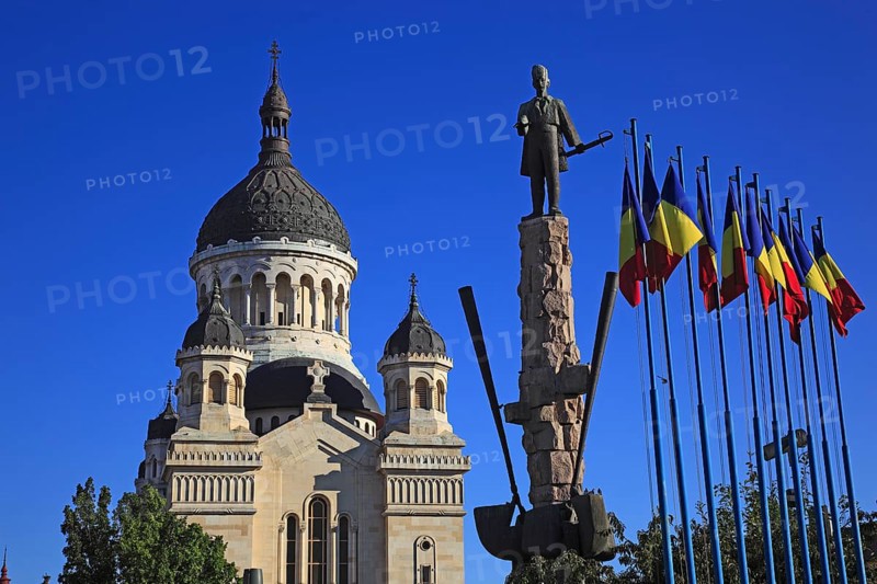 Avram Iancu Statue and Orthodox Cathedral at the Piata Avram Iancu in Cluj