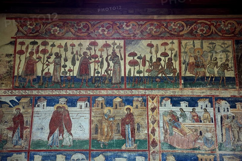 Frescoes on the outer wall. The Voronet Monastery