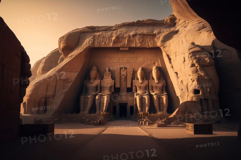 Sunset at the temples of Abu Simbel in Egypt. Ai generated art