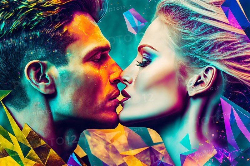 Glamorous futuristic couple kissing on colorful futuristic. Ai generated