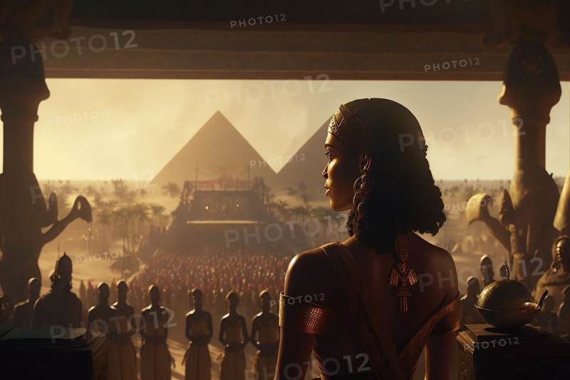 Cleopatras speech to the crowd at sunset with the pyramids of Giza in the background in Egypt. Ai generated
