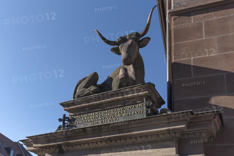 Historical sculpture of an ox on the meat bridge at the former slaughterhouse