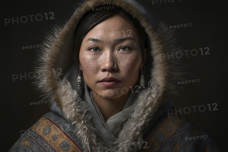 Portrait of woman from Nenets tribe in Siberia. Ai generated art