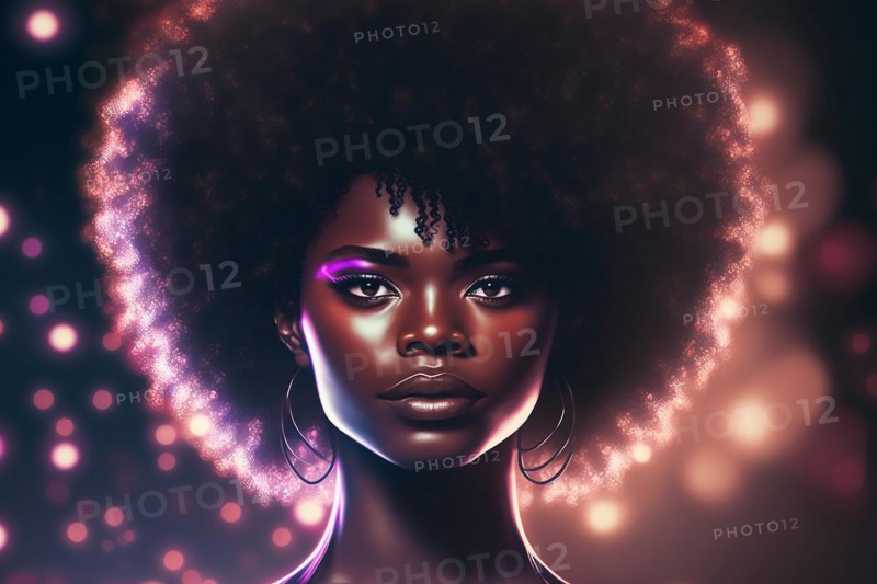 Generative AI illustration of elegant and fashionable black woman with afro hair in disco or night club with lights illuminating behind. Ai generated