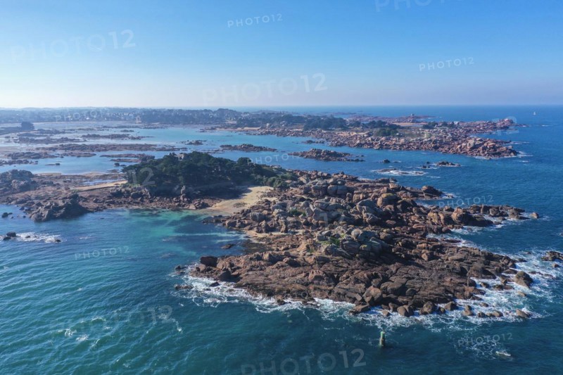 Aerial view rocky coast of Tregastel
