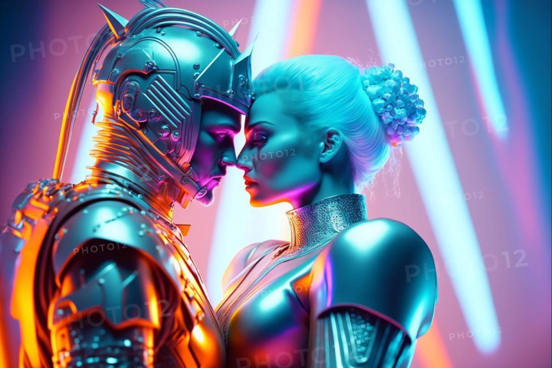 Glamorous futuristic couple kissing on colorful futuristic. Ai generated