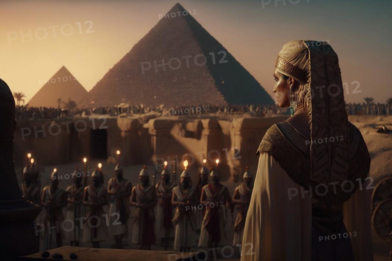 Cleopatras speech to the crowd at sunset with the pyramids of Giza in the background in Egypt. Ai generated
