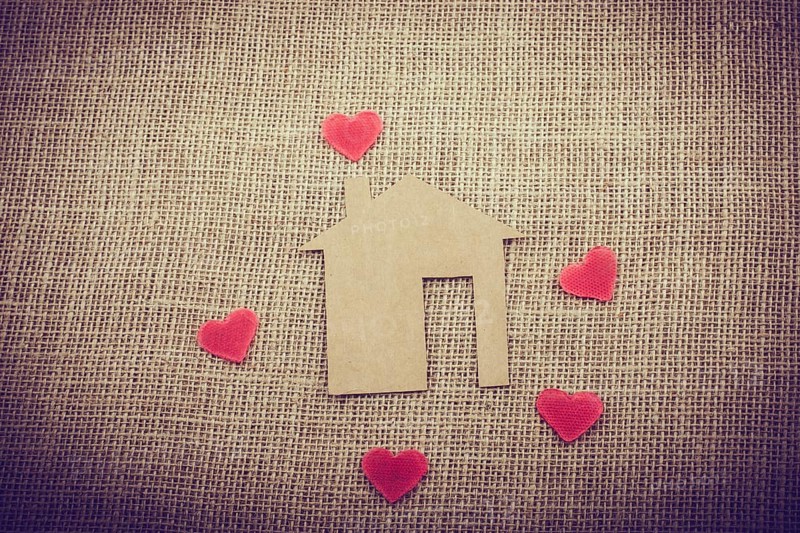 Heart shape around the paper house with a canvas background