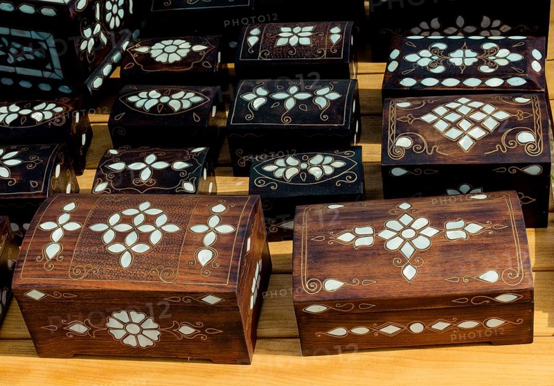 Ancient style wooden treasure chest with mother of pearl inlay