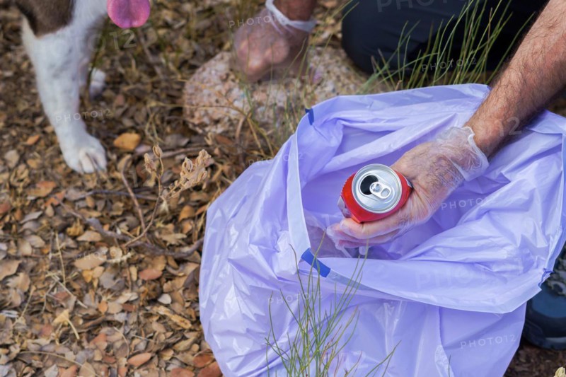 Environmentalist man with his dog throwing a can picked up in the field into a garbage bag