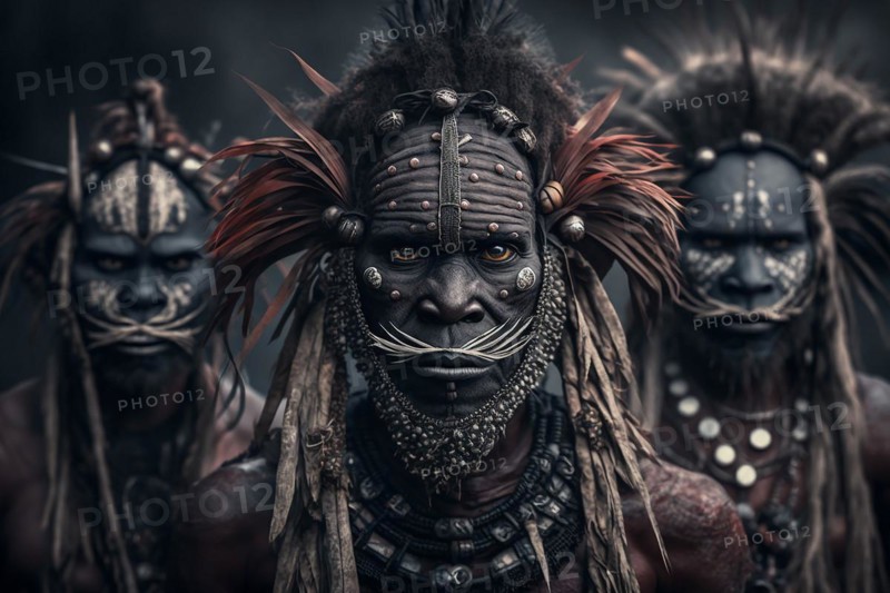 Portrait of Asaro Mudmen tribe in Papua New Guinea. Ai generated art