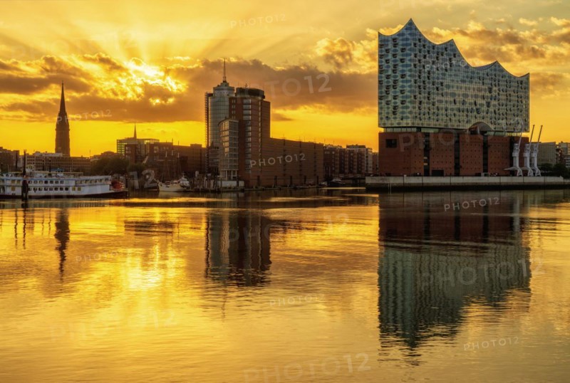 Elbe Philharmonic Hall Hamburg at sunrise with Elbe reflection