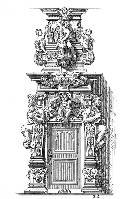 Richly decorated fireplace with fireplace door in the house Peller zu Nuernberg