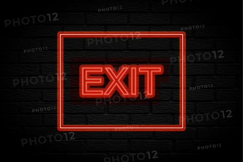 Exit. 3d lettering. Neon lights on black brick background