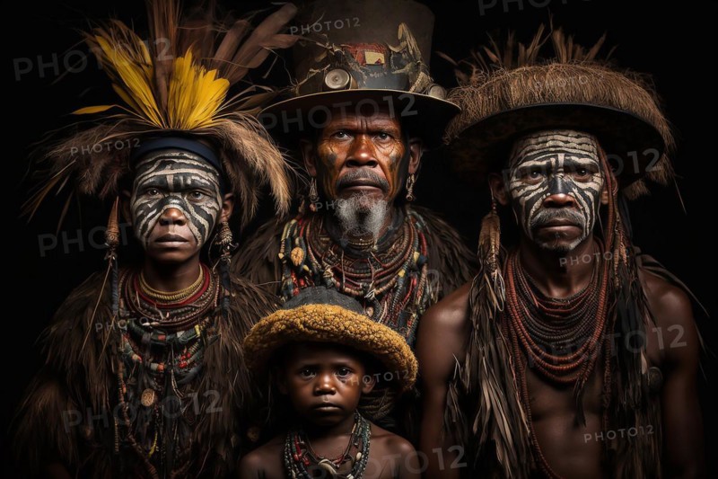 Family portrait of Huli Wigmen tribe from Papua New Guinea. Ai generated art