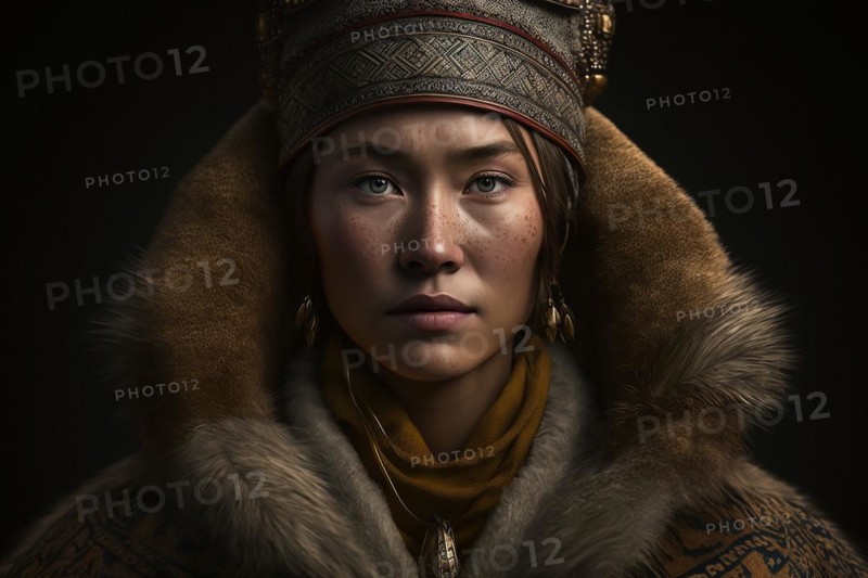 Portrait of woman from Nenets tribe in Siberia. Ai generated art