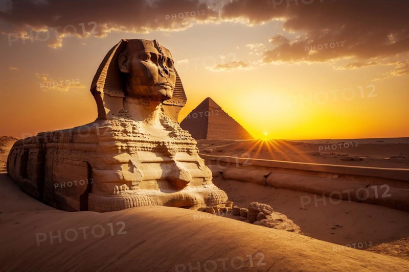 Sunset at the pyramids of Giza in Egypt with the Sphinx. Ai generated art