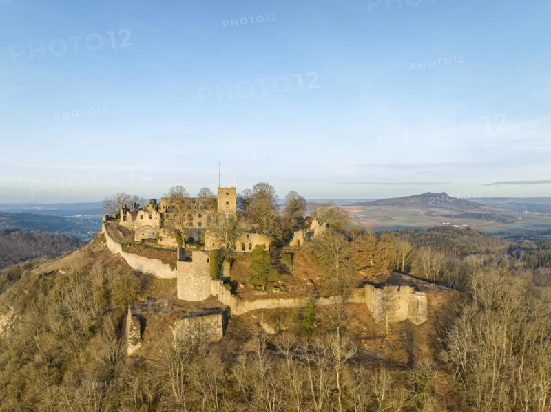 The ruins of Hohentwiel Castle illuminated by the morning sun