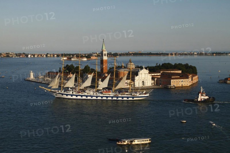 View from the Campanile to the Isola della Giudecca and Isola di San Giorgio Maggiore and the cruise ship Star Clippers in the Canale della Giudecca