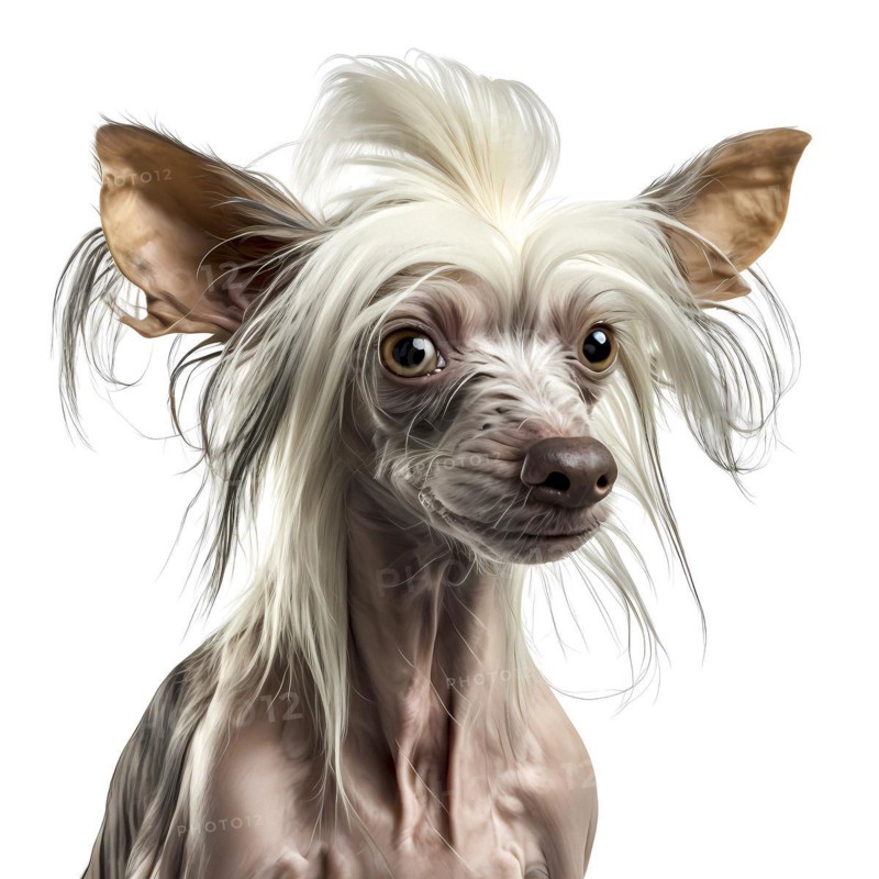 Portrait of a chinese crested dog in front of a white background. AI generated Art