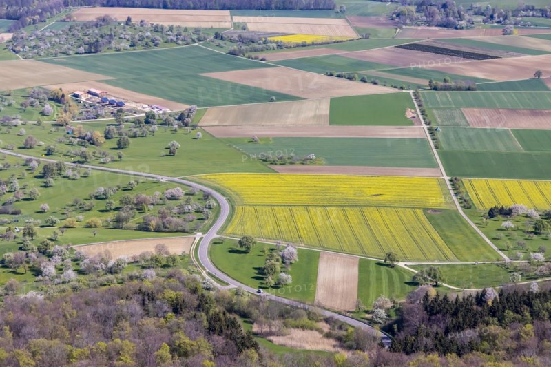 View from Breitenstein in spring of the Alb foreland with its agricultural land
