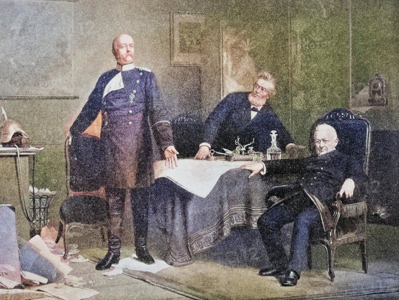 Bismarck negotiating with Thiers and Favre at Versailles. The Treaty of Versailles of 1871 ended the Franco-Prussian War and was signed on 26 February 1871 by Adolphe Thiers