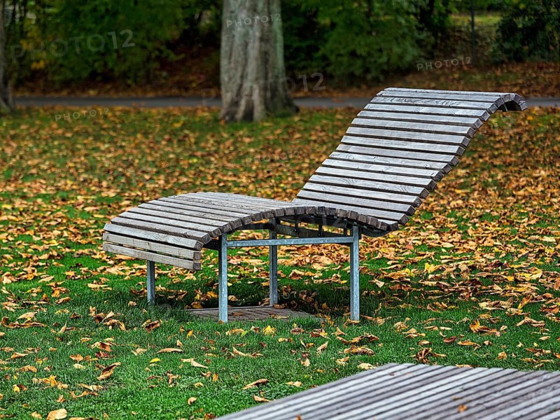 Empty wooden sun lounger in a meadow with autumn leaves