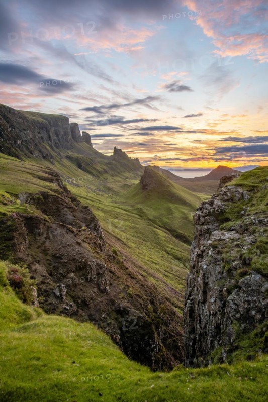 View of rocky landscape Quiraing at sunrise