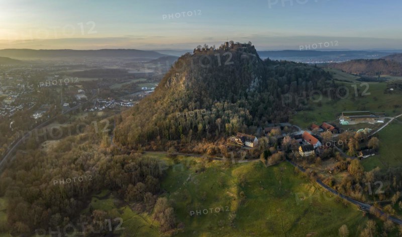 The volcanic cone with the Hohentwiel castle ruins illuminated by the morning sun