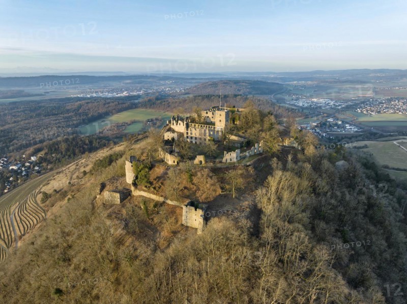 The Hohentwiel castle ruins illuminated by the morning sun