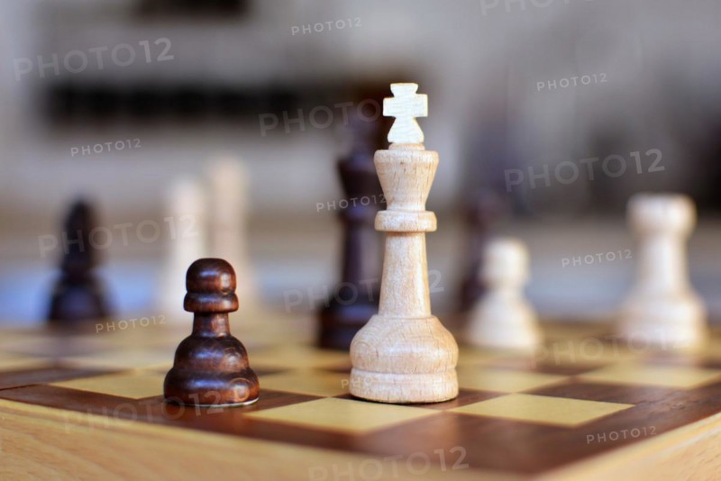 Chess board game with focus on white queen pieces on blurry background