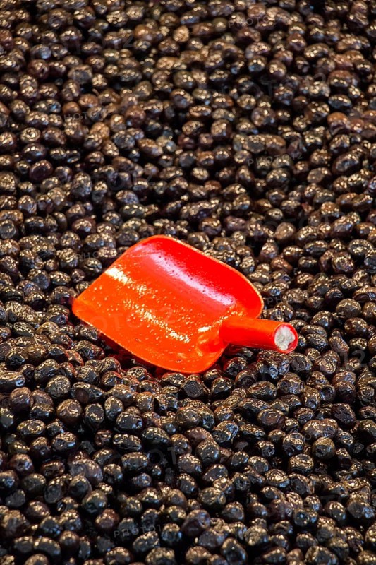 Turkish style prepared olives in the market stands