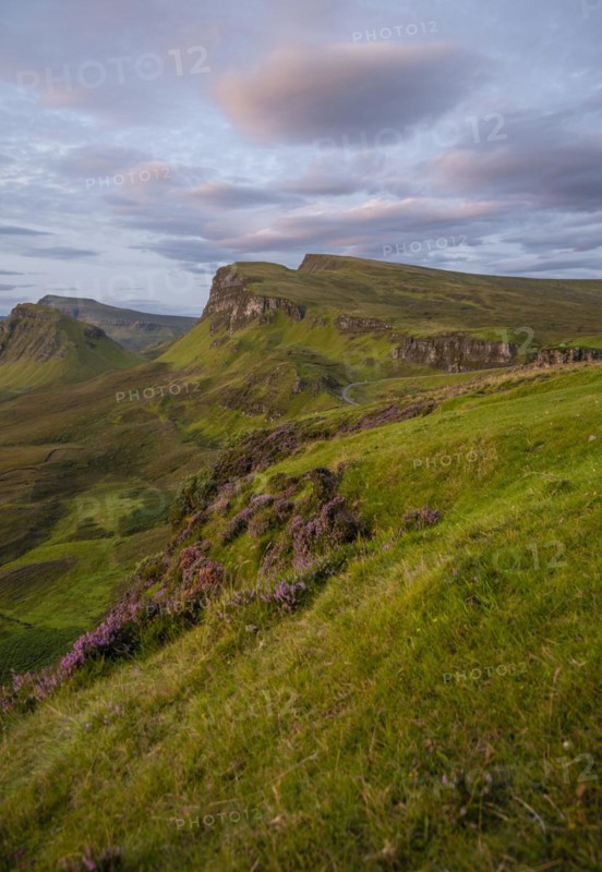 View of rocky landscape Quiraing at sunrise