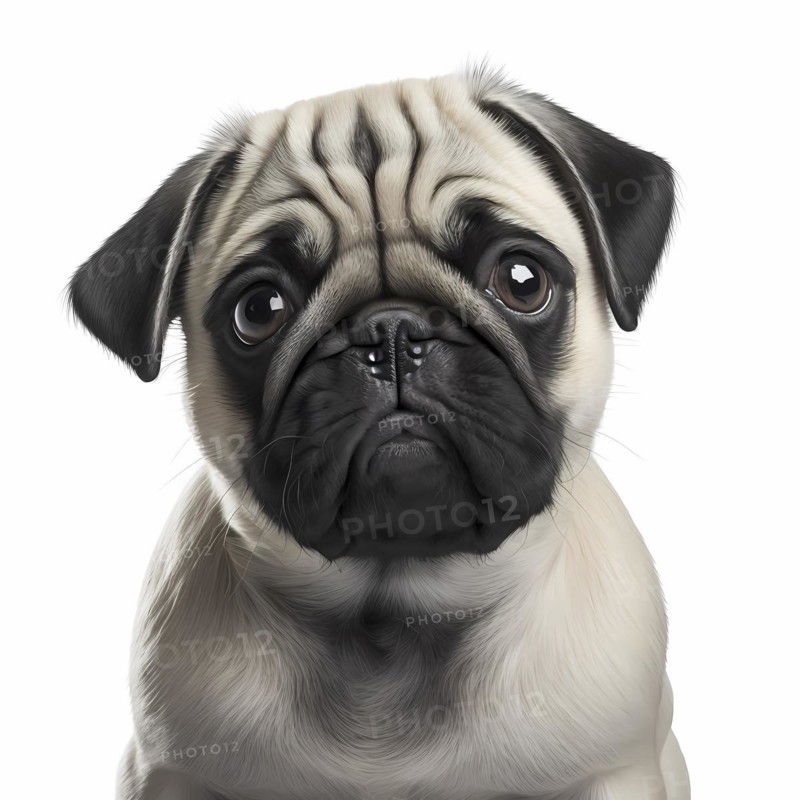 Portrait of a Pug in front of a white background. AI generated Art