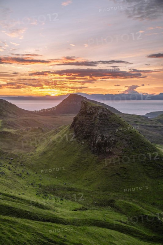 View of rocky landscape Quiraing at sunrise