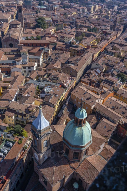 View from the Asinelli Tower of the towers of the churches of Santi Bartolomeo and Gaetano