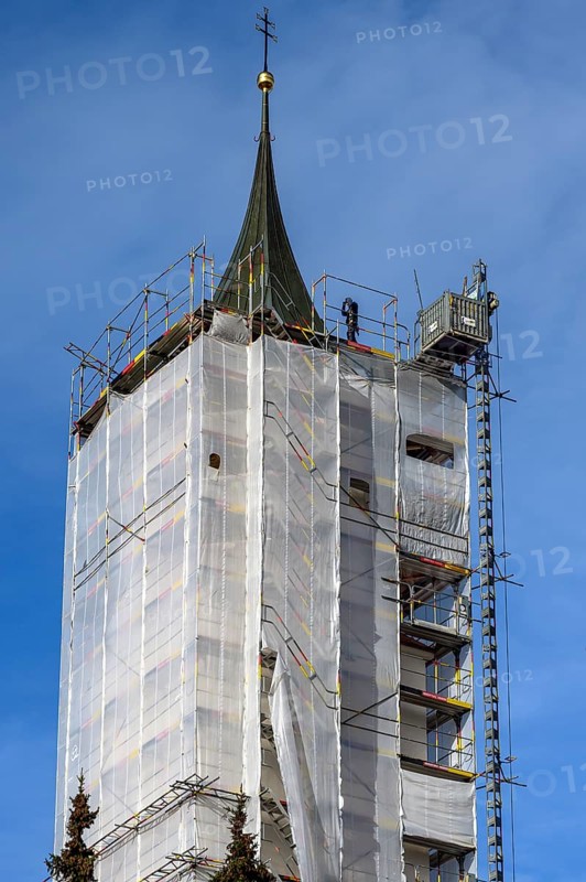 The scaffolded steeple of the church of St. Blasius and Quirinus in Dietmannsried