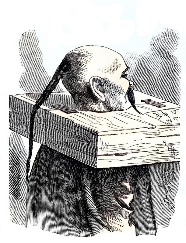 A cangue or tcha is a device used for public humiliation and corporal punishment in China and some other parts of East and Southeast Asia until the early years of the 20th century. Occasionally it was also used for or during torture