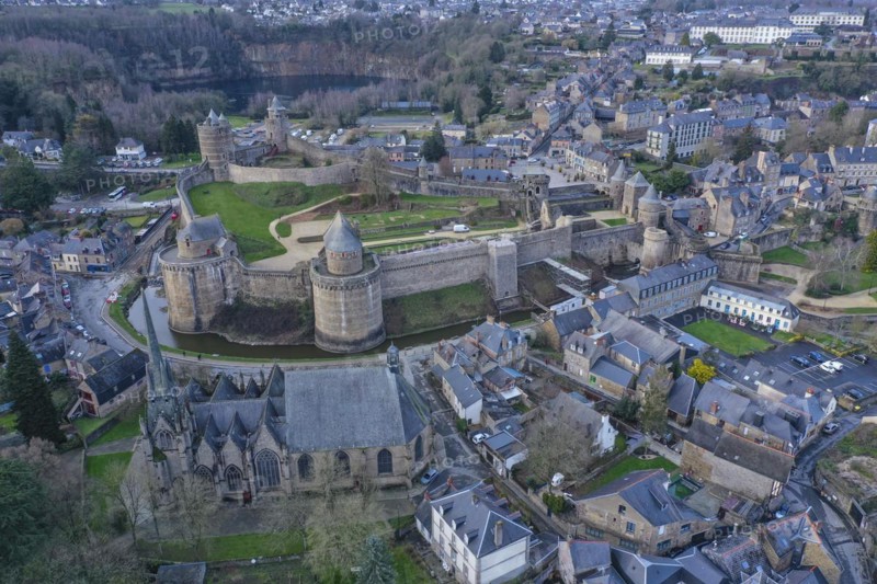 Aerial view of Chateau Castle and Eglise Saint-Sulpice Church