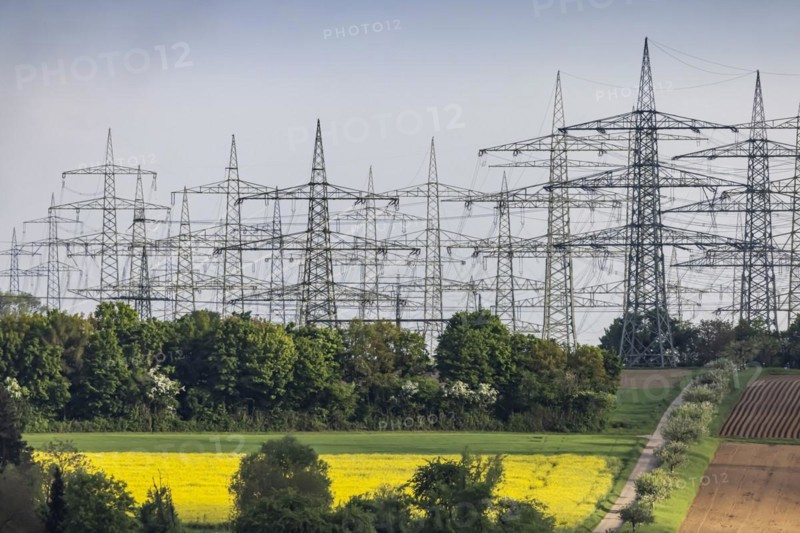 Numerous high-voltage pylons