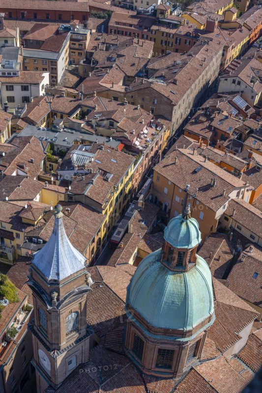 View from the Asinelli Tower of the towers of the churches of Santi Bartolomeo and Gaetano