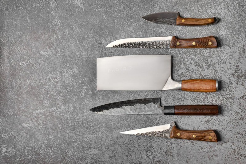 Different kinds of butchers knives forged by blacksmith