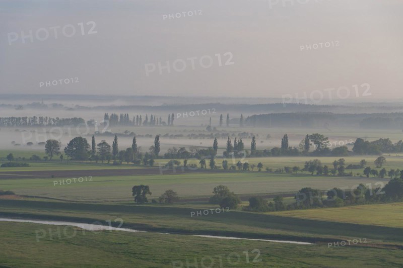 View from the Kniepenberg lookout tower of sunrise and morning fog in the Lower Saxony Elbe floodplain near Neu Darchau