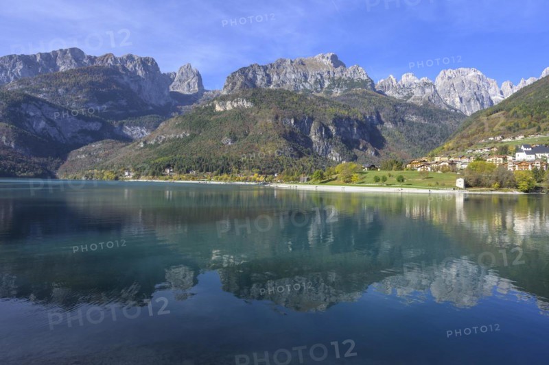 Mountains of the Brenta Group reflected in Lake Molveno