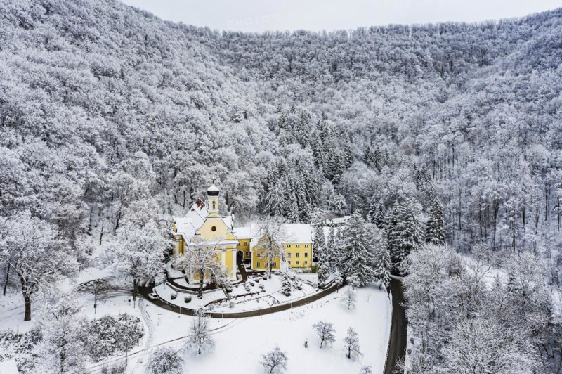 Ave Maria pilgrimage church and Capuchin monastery with snow