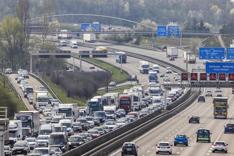 Heavy traffic with congestion on the multi-lane motorway A8 near Stuttgart